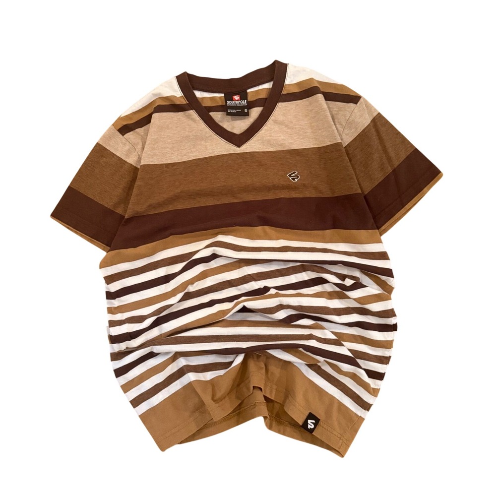 Southpole Striped V-Neck T-Shirt Mens Small Brown White Y2K Streetwear Tee‎